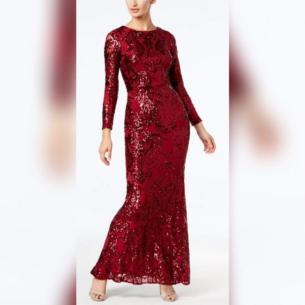Long Sleeve Sequin Crimson Red Gown